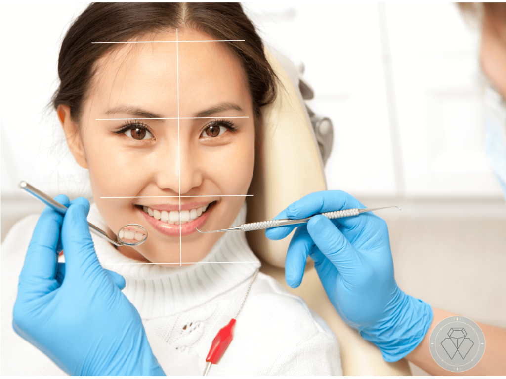 牙醫診所有一個人笑著臉上被畫了五條白色輔助線